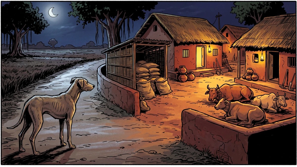 The dog Chitranga leaves his famine-stricken village for a foreign land — ACK comic style Panchatantra illustration