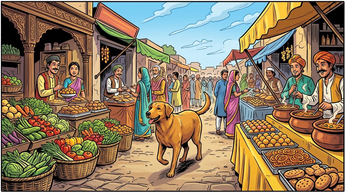 The dog eats well in a foreign land growing sleek and fat — ACK comic style Panchatantra illustration