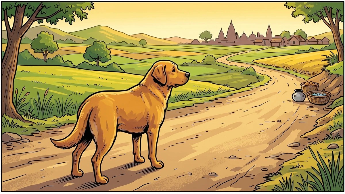 The dog inexplicably turns and walks back toward his homeland — ACK style Panchatantra illustration