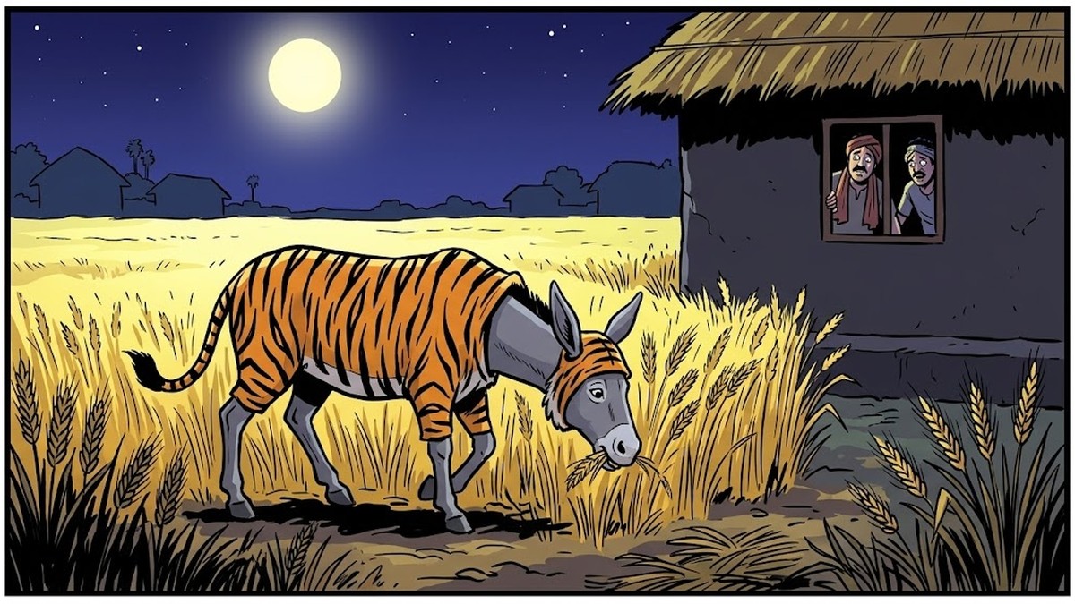 The donkey disguised in a tiger skin grazes freely in the barley field while frightened farmers watch — ACK style