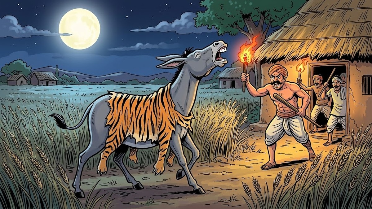 The donkey brays at the moon exposing the disguise as shocked farmers rush out with torches — ACK Panchatantra