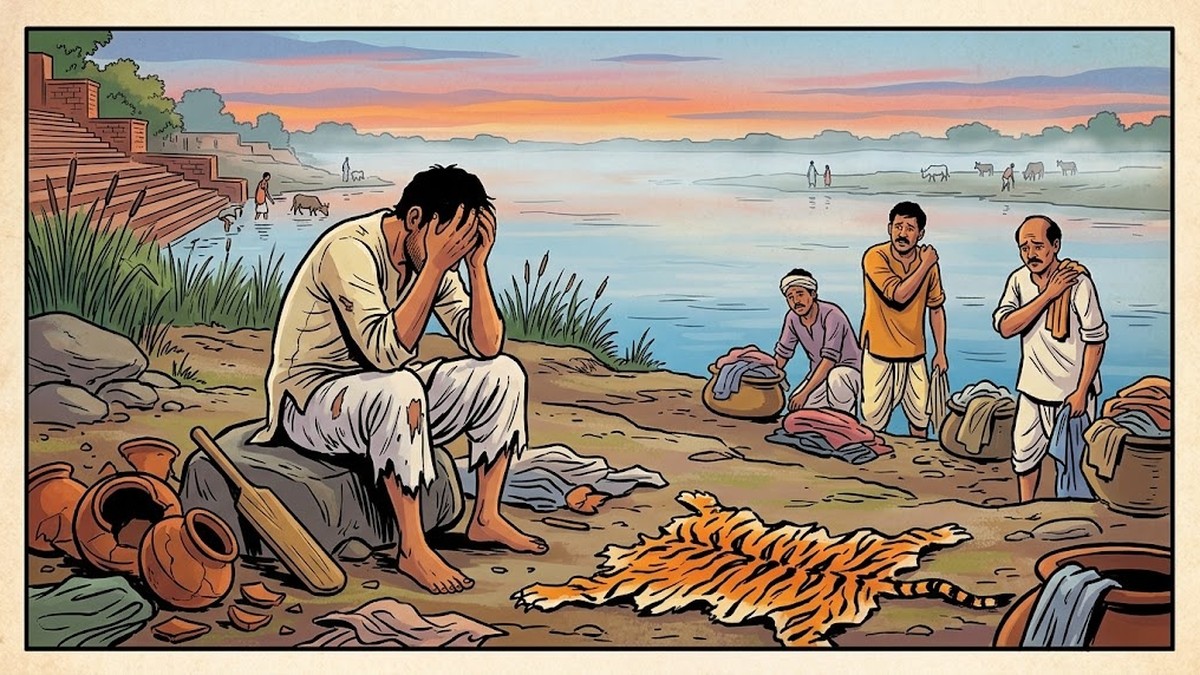 The washerman sits alone in grief by the river the torn tiger skin discarded beside him — ACK Panchatantra