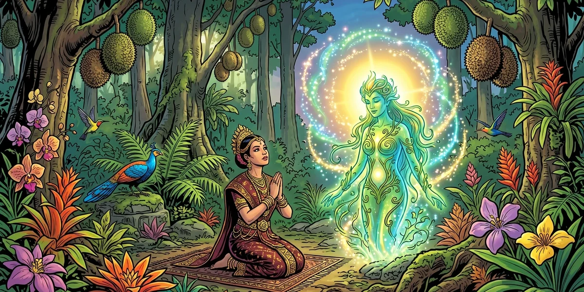 ACK-style illustration of a Malay princess kneeling before a glowing forest spirit deity surrounded by durian fruits in a tropical jungle