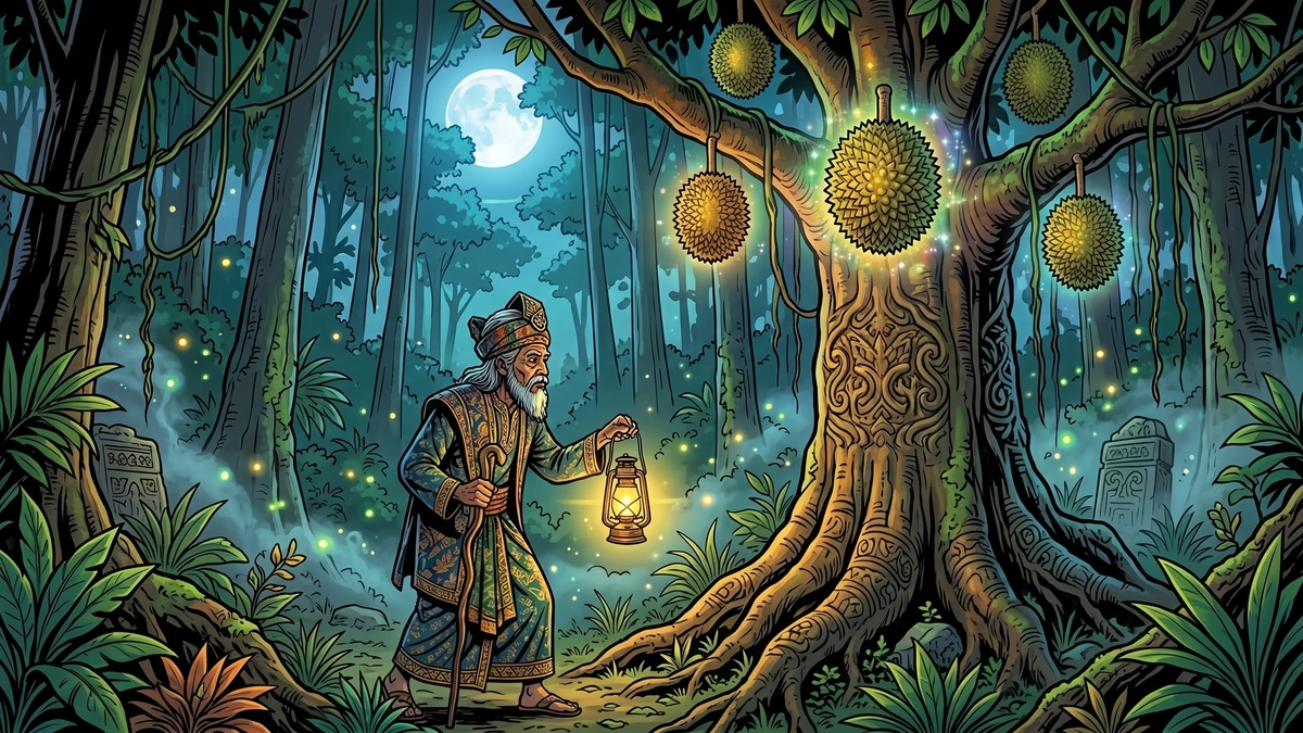 ACK-style illustration of a Malay shaman with lantern approaching a glowing durian tree in a mystical tropical jungle at night