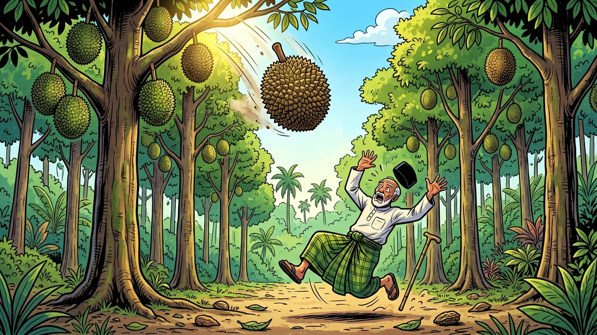 ACK-style illustration of a joyful Malay family eating open durian fruits together around a wooden table in a tropical village setting