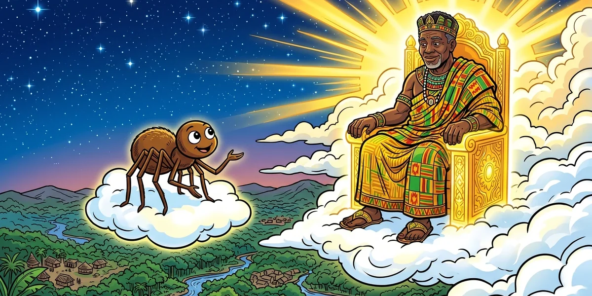 Kwaku Anansi the spider before Nyame the Sky God on his golden throne
