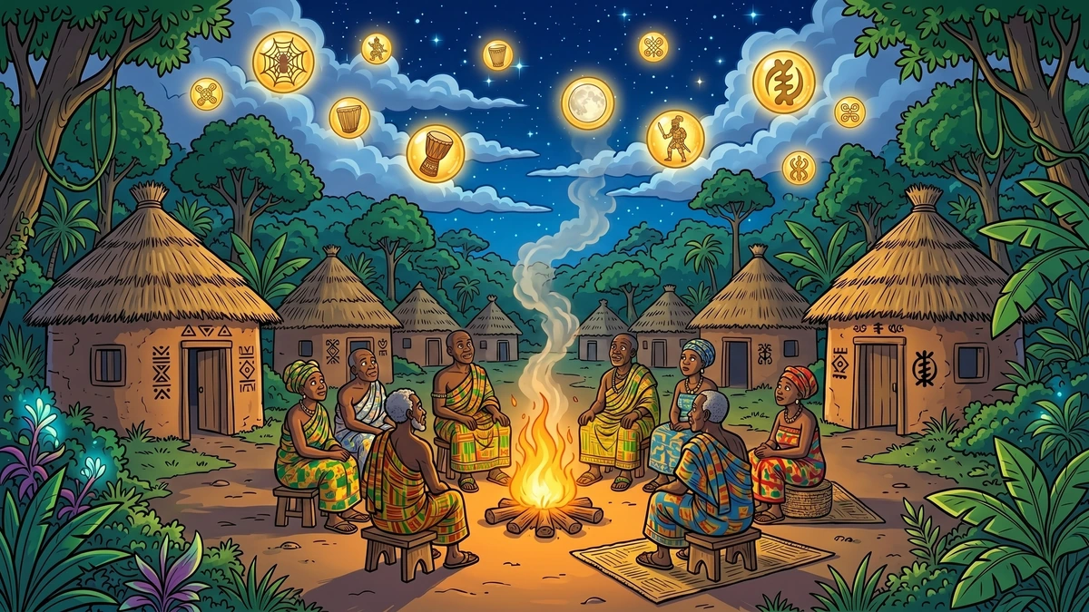 An old West African village gathered at a fire beneath a starry sky full of the Sky God's stories