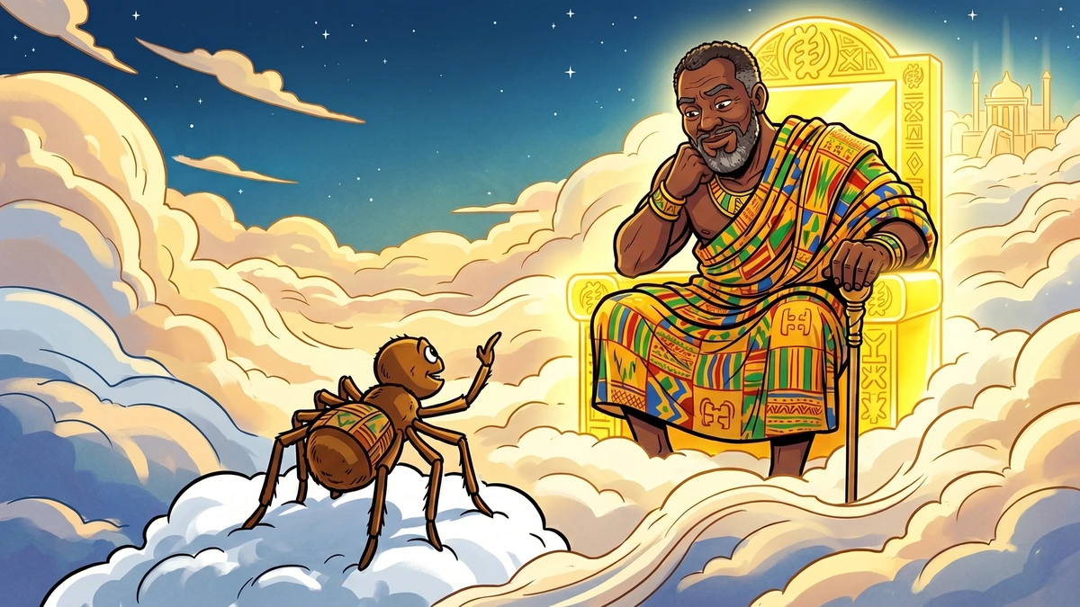 Anansi the spider making his bold bargain with Nyame the West African Sky God