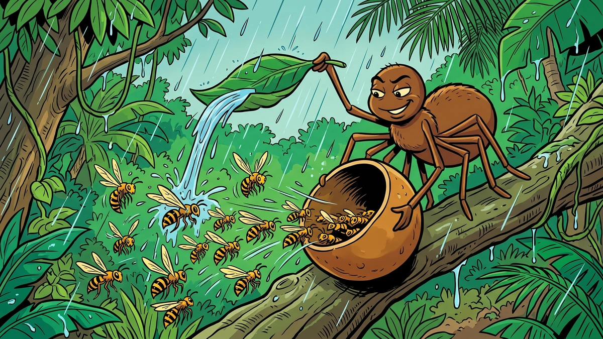 Anansi tricking a swarm of hornets into a hollow calabash gourd during a rain shower