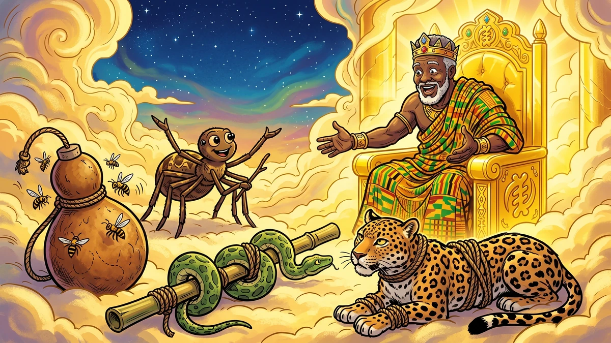 Anansi presenting the captured hornets, python and leopard to the Sky God Nyame