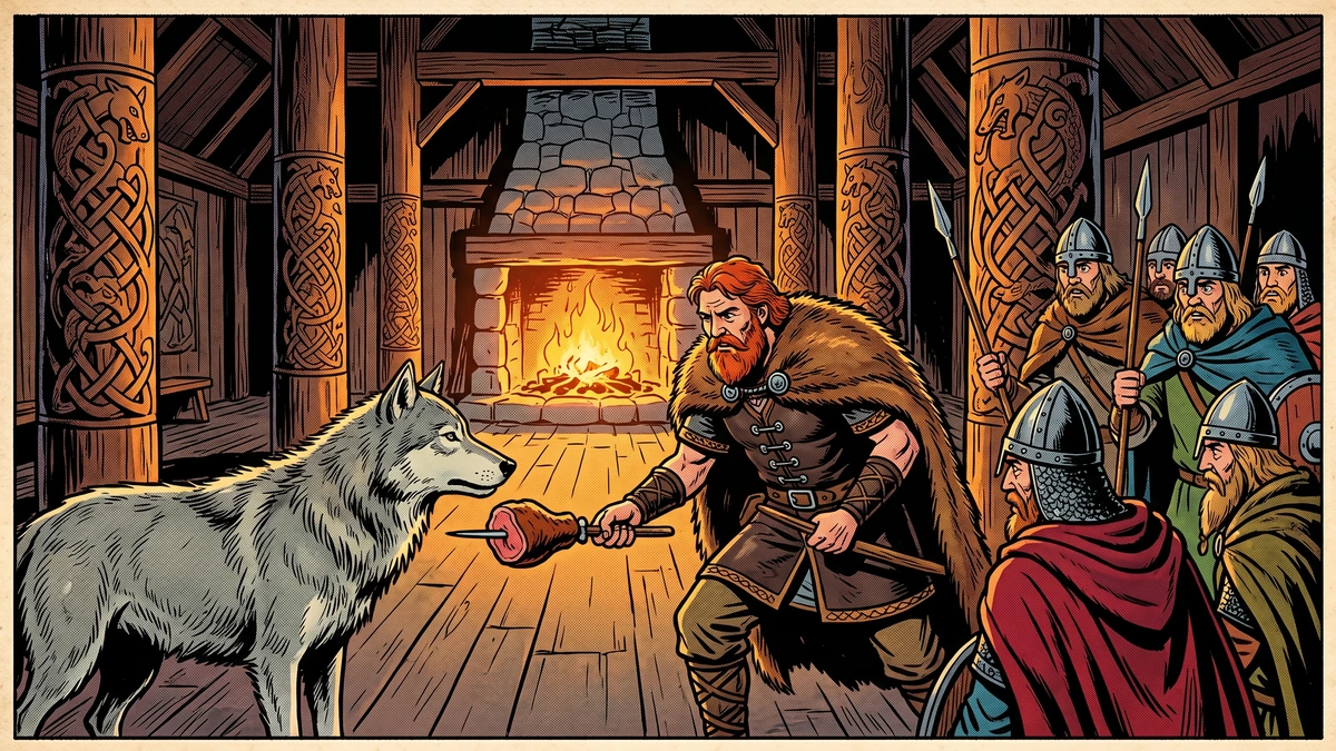 The Norse god Tyr feeds meat to the young wolf Fenrir inside a timber hall while other gods watch warily.