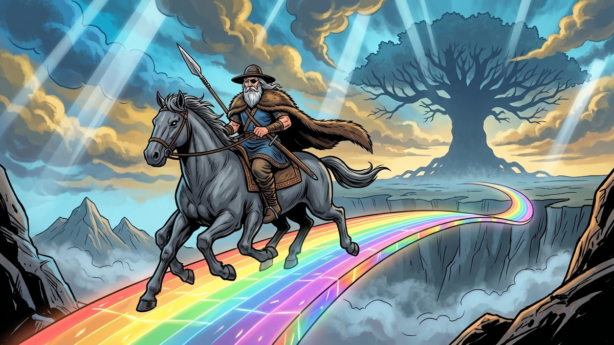 Odin the one-eyed Norse god rides his eight-legged horse Sleipnir across the glowing rainbow bridge Bifrost toward the distant world-tree Yggdrasil.