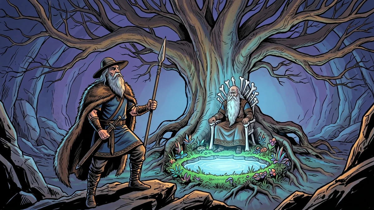 Odin approaches Mimir, the ancient white-bearded keeper of the well of wisdom, who sits on a throne of white bone among the roots of Yggdrasil.