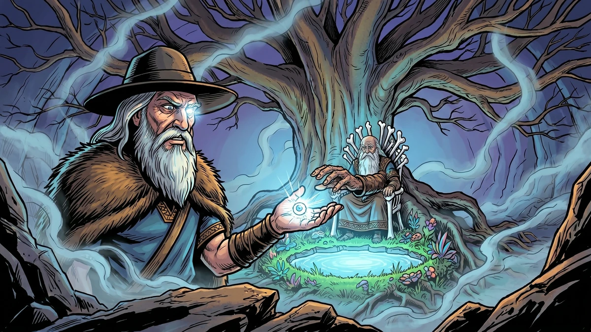 Odin holds out his own glowing removed eye in his open palm, offering it to Mimir as the price of a drink from the well of wisdom.