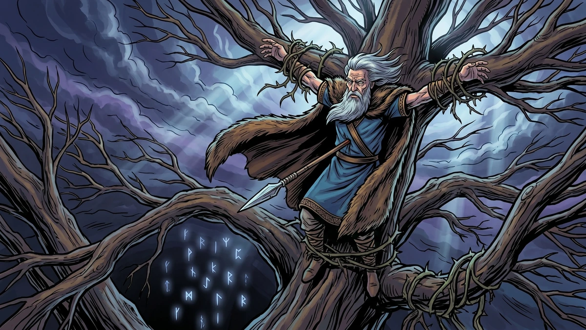 Odin hangs upon the world-tree Yggdrasil, pierced by his own spear, as faint glowing runes rise out of the darkness below.