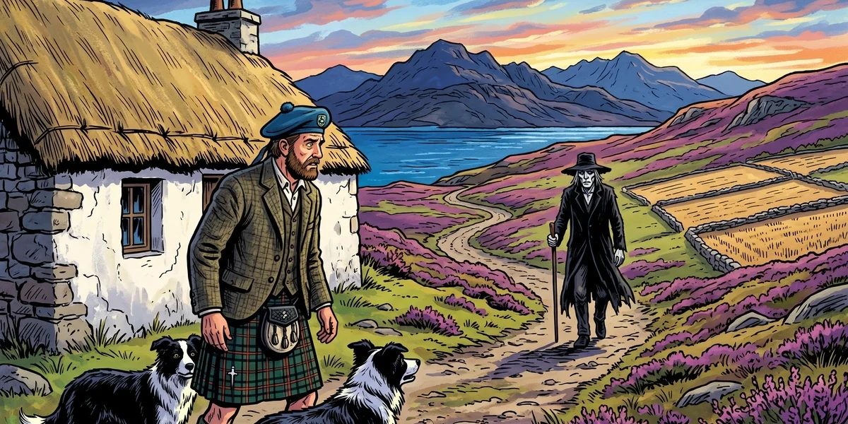 The Farmer of Liddesdale: Highland farmer in Argyll tartan and dark stranger Ploughman approach Morvern blackhouse