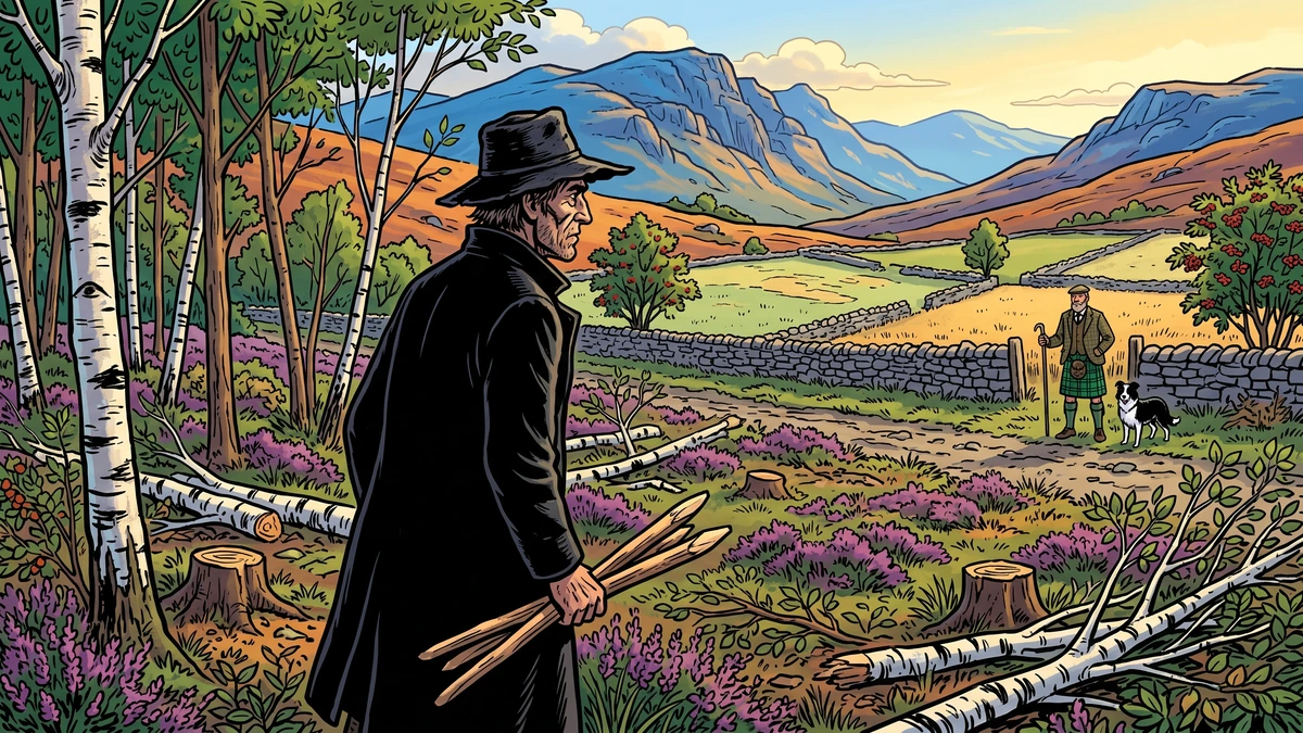 ACK style Amar Chitra Katha illustration, 16:9, bold thick black outlines, bright vibrant saturated colors, no text no letters no speech bubbles. The dark stranger Ploughman in long black coat and battered black hat stands in a freshly-cut woodland clearing of birch and hazel saplings holding three peeled wooden stakes, the West Highland farmer in tartan kilt and tweed jacket watches from a stone wall in the distance, three small Argyllshire oat fields visible beyond the wall edged in stone dykes and rowan trees, golden morning light, mountains of Morvern behind, purple heather underfoot.