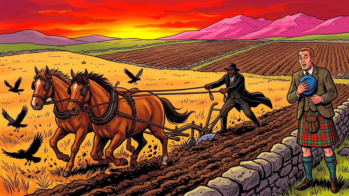 ACK style Amar Chitra Katha illustration, 16:9, bold thick black outlines, bright vibrant saturated colors, no text no letters no speech bubbles. The dark Ploughman in black coat and hat drives a plough team of two stocky brown Highland garrons across a freshly-turned oat field at full speed under a fiery red sunset sky, leather traces taut, plough share biting the earth, crows scattering, the Highland farmer in Argyll tartan kilt watches astonished from the stone dyke clutching his blue bonnet, all three fields in the background already brown-furrowed, Morvern mountains glowing pink behind.