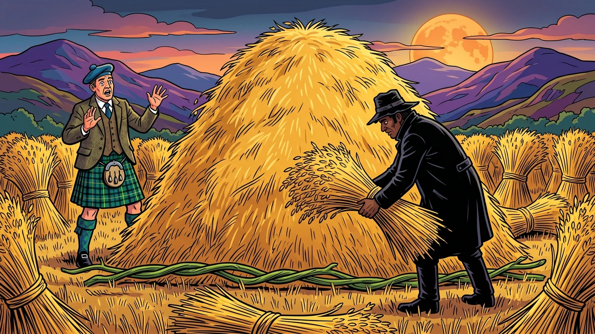ACK style Amar Chitra Katha illustration, 16:9, bold thick black outlines, bright vibrant saturated colors, no text no letters no speech bubbles. Harvest scene: a single green twisted hazel withe stretched across the stubble field of golden oat sheaves, the dark Ploughman in long black coat and battered black hat stooping to lay another sheaf onto an enormous swelling pile that already towers over him, the West Highland farmer in Argyll tartan kilt and tweed jacket and blue bonnet stands aghast with hands raised, the harvest moon rising orange over the Morvern mountains, the whole reaped harvest of three Argyllshire fields heaped on one impossible green band.