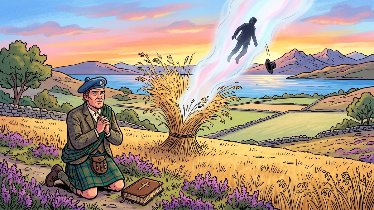 ACK style Amar Chitra Katha illustration, 16:9, bold thick black outlines, bright vibrant saturated colors, no text no letters no speech bubbles. The Highland farmer in Argyll tartan kilt and tweed jacket and blue bonnet kneels with hands joined in prayer in the stubble field, golden oat sheaves flying upward from a burst hazel withe in a fountain of straw, a column of pale white mist rising into the dawn sky carrying away the dark figure of the Ploughman whose battered black hat falls back to earth, the Morvern mountains and the blue Sound of Mull behind, three Argyllshire fields in soft morning light, a Bible in the heather beside the farmer.