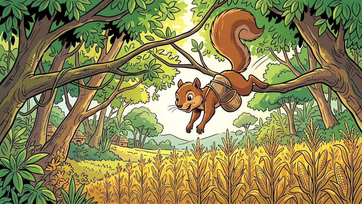 Comic-style illustration of the hardworking squirrel leaping through forest trees toward his ripe golden cornfield