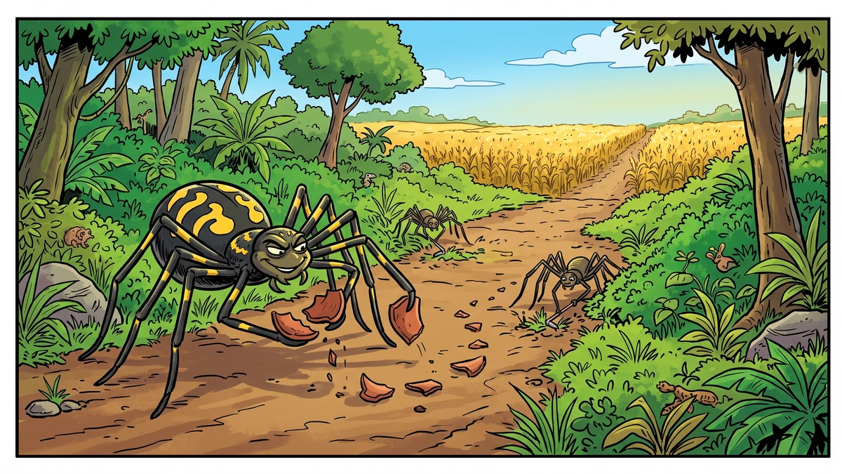 Comic-style illustration of Anansi the spider and his family cutting a false road and scattering broken pottery toward the cornfield