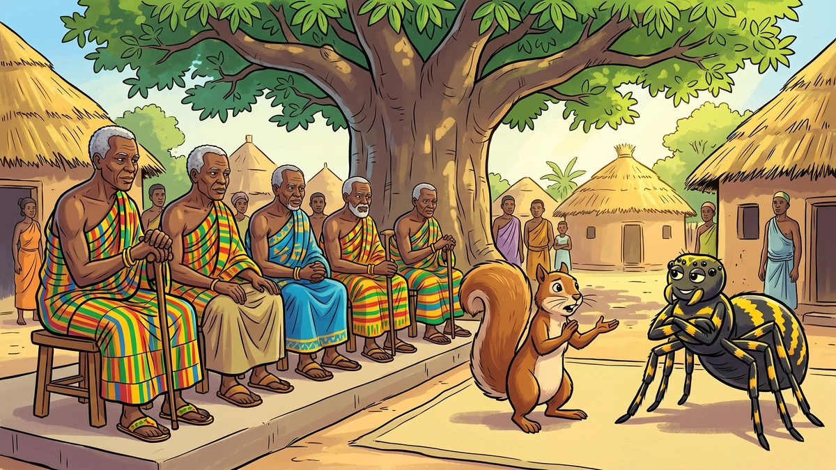 Comic-style illustration of the village court of Akan elders in kente cloth hearing the squirrel and the spider