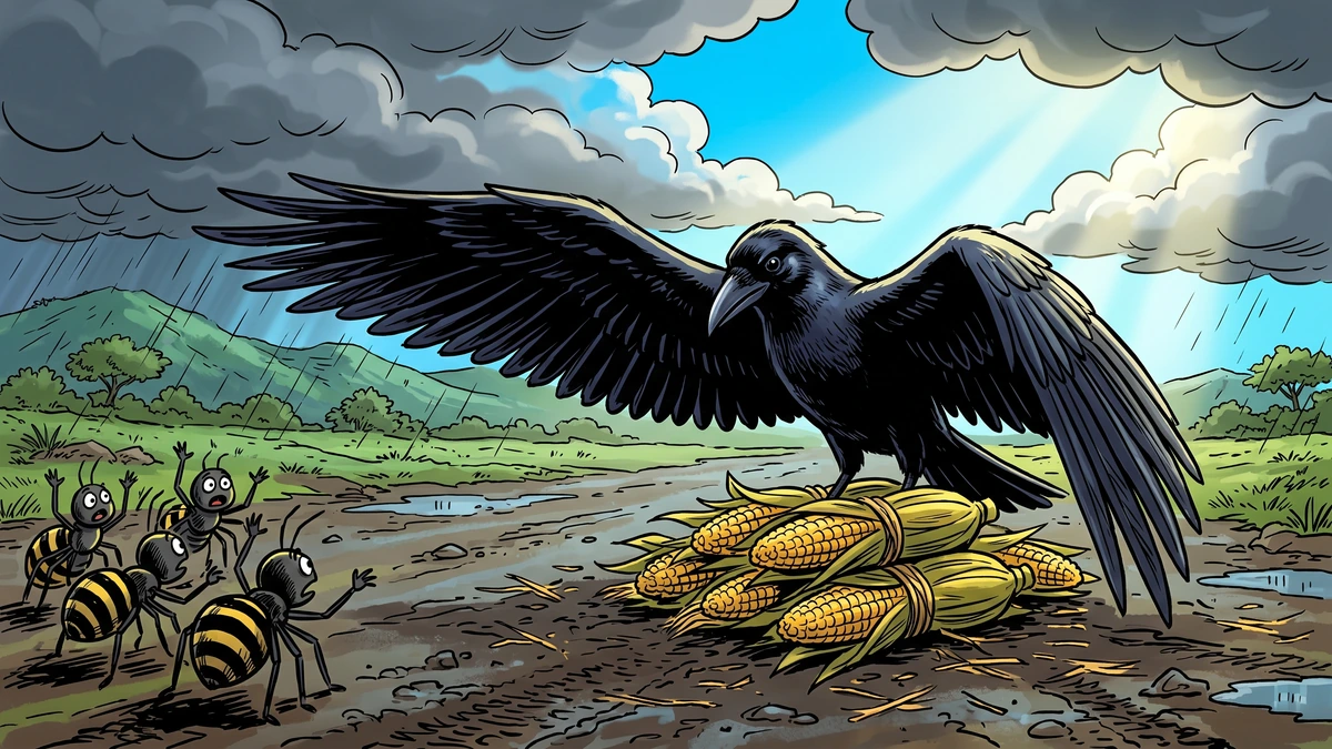 Comic-style illustration of Father Crow sheltering the bundles of corn with outspread wings as the dismayed spiders look on