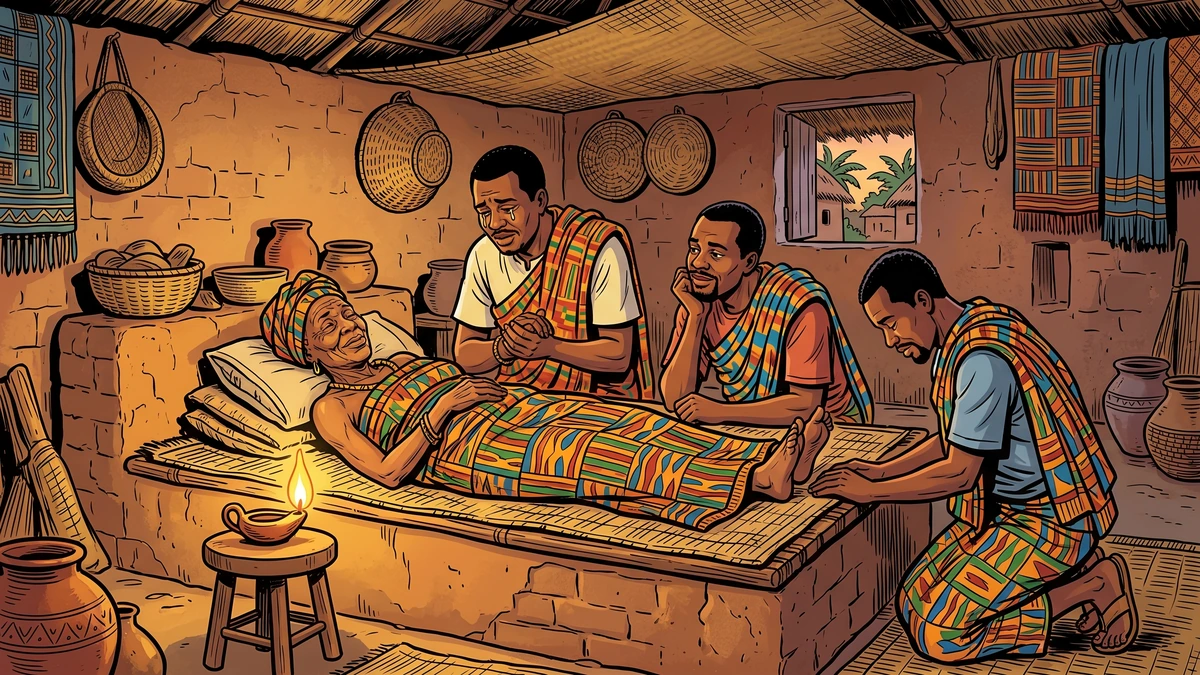 Comic-style illustration of three devoted sons kneeling around their dying mother in a Gold Coast village hut