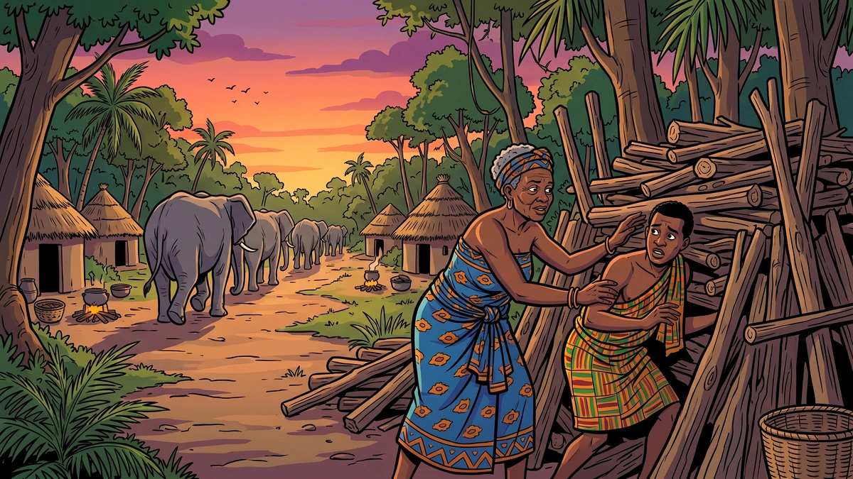 Comic-style illustration of an old woman hiding the young man inside a great pile of firewood as the elephants return at dusk