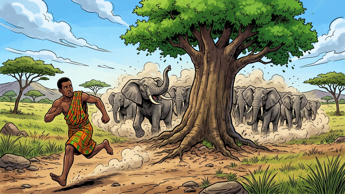 Comic-style illustration of the young man fleeing as a giant magic tree springs up to block the pursuing elephant herd
