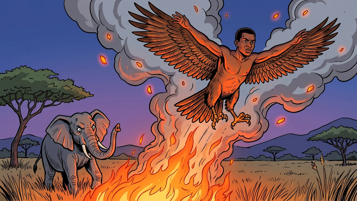 Comic-style illustration of Kwesi turning into a hawk and rising through the smoke of a great fire