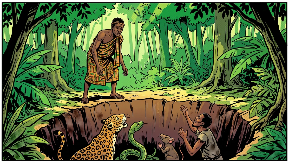A West African Akan hunter discovers a leopard, a serpent, a rat, and a man trapped in a deep forest pit.
