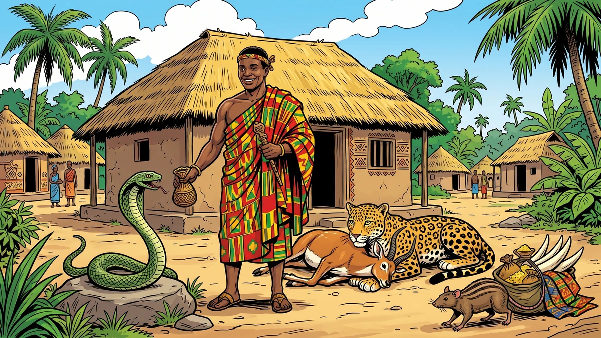 The grateful serpent, leopard, and rat reward the prosperous hunter with powder, game, and treasure.