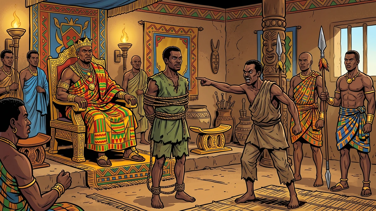 The ungrateful man points an accusing finger at the bound hunter before the Akan King's court.