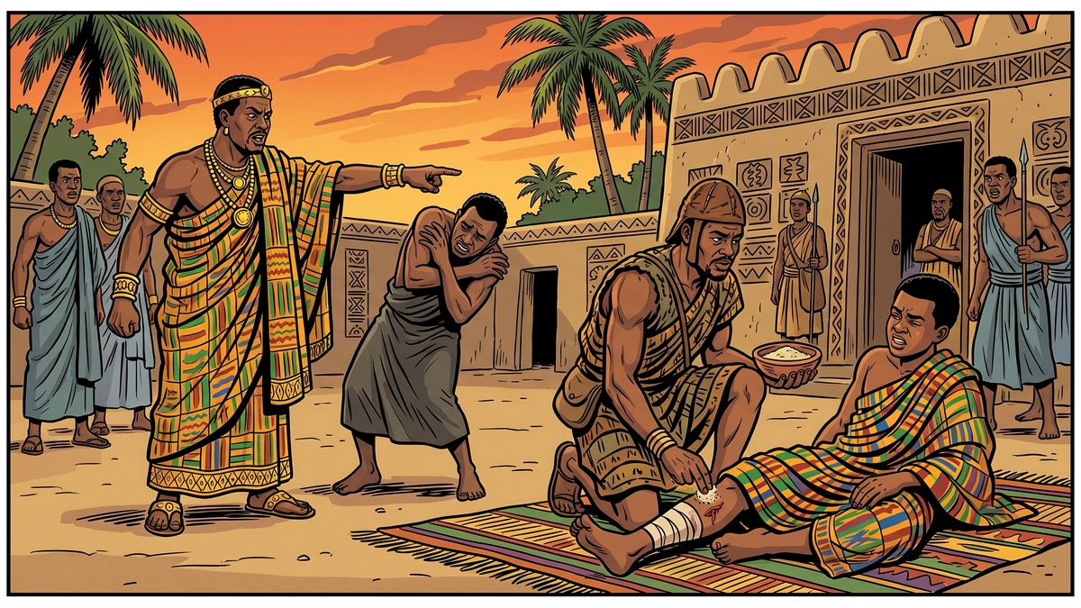 The Akan King names the ungrateful man as the worst traitor while the hunter cures the snake-bitten prince.