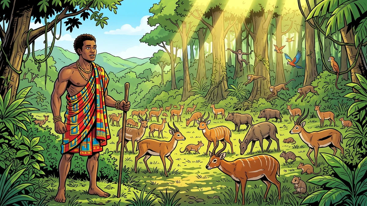 Kweku Tsin discovers a forest clearing still full of game during the famine, an Akan folk tale scene