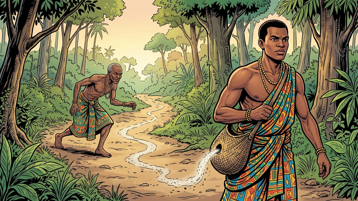 Anansi follows the pale trail of ashes leaking from his sleeping son’s hunting-bag
