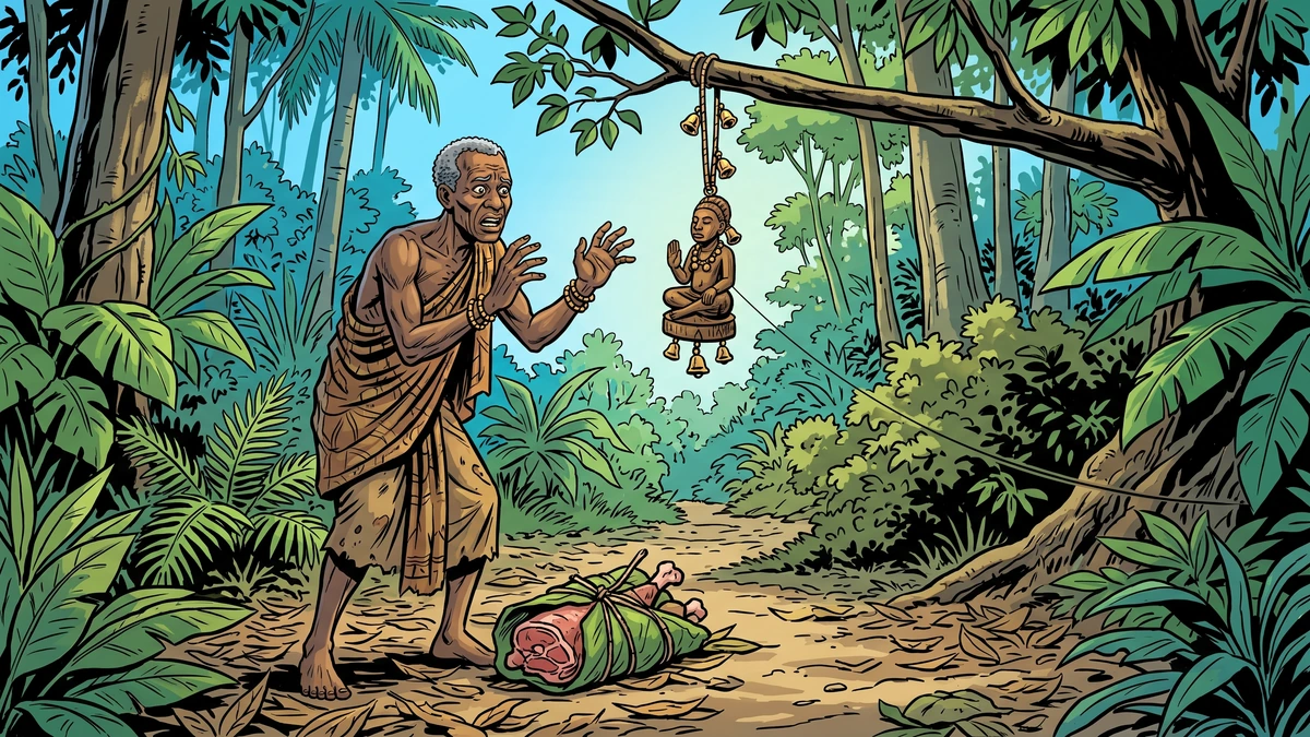 Anansi bargains in terror with the bell-strung wooden image hanging across the forest path