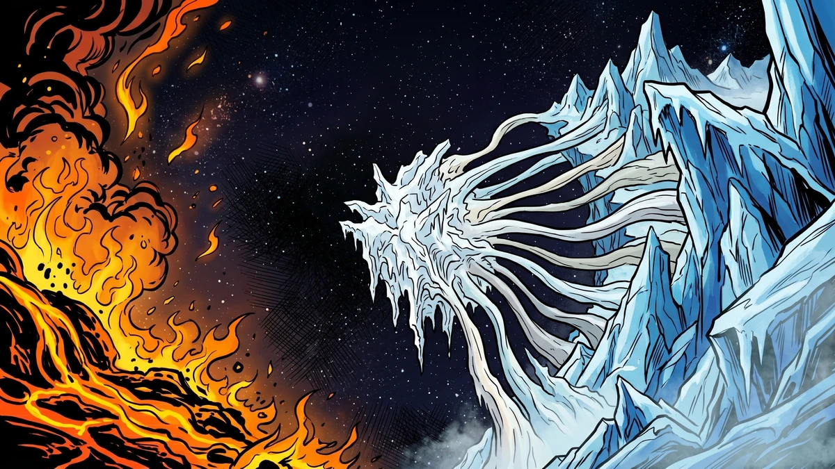 The primordial void of Ginnungagap between the fire-realm Muspelheim and the icy realm Niflheim, in vibrant Amar Chitra Katha comic-book style
