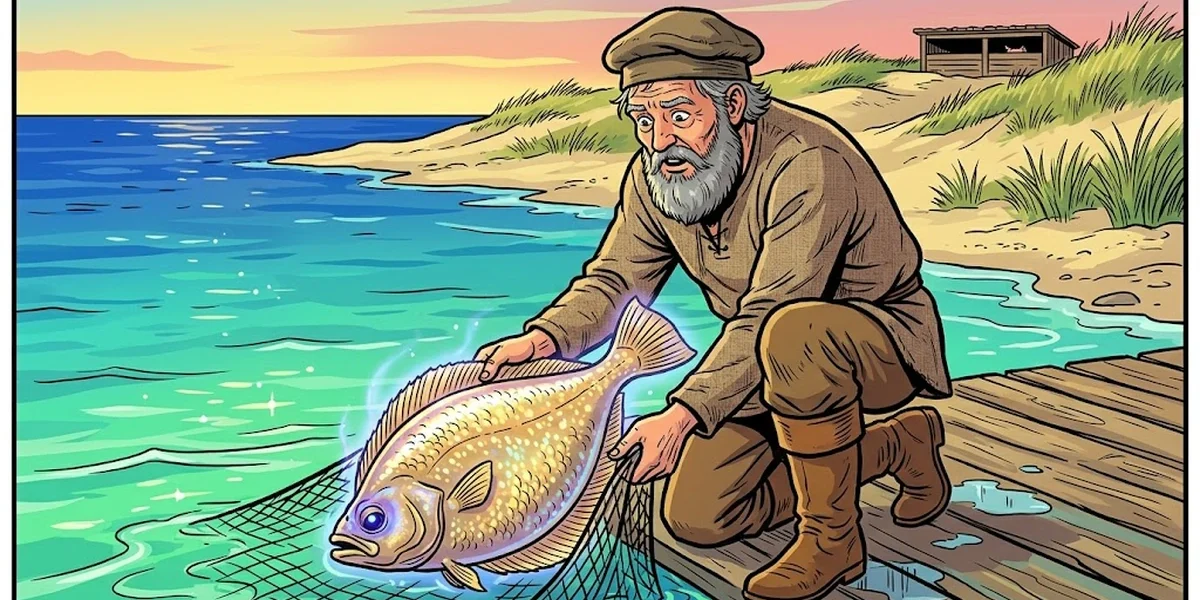 The Fisherman and His Wife — fisherman pulling enchanted golden flounder from Baltic sea, ACK style