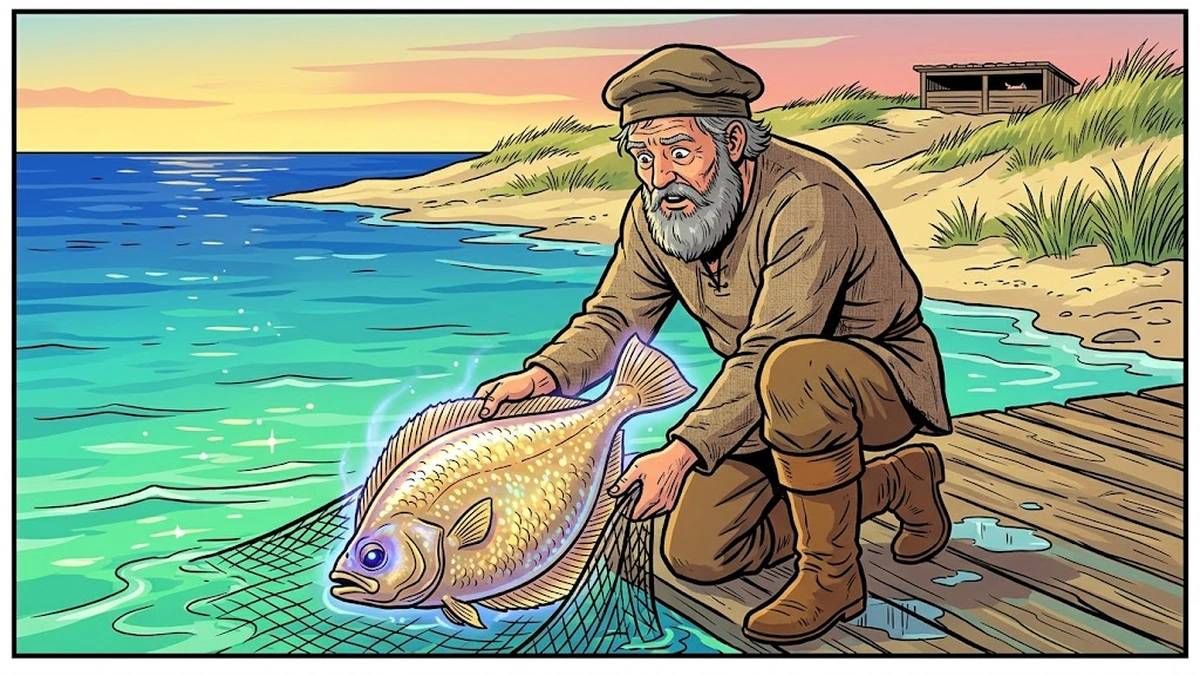 The Fisherman and His Wife — fisherman pulling enchanted golden flounder from Baltic sea