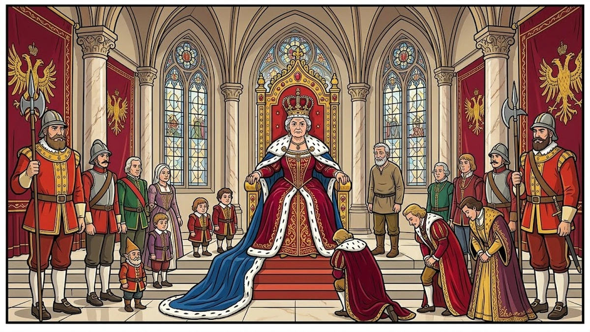 The Fisherman and His Wife — Ilsabill enthroned as empress with graduated attendants