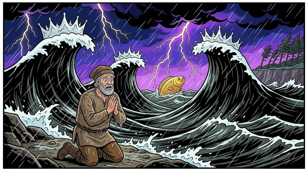 The Fisherman and His Wife — apocalyptic Baltic storm with crowned waves
