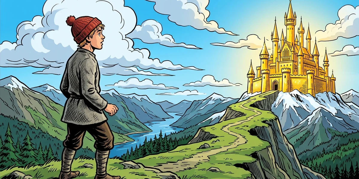 Soria Moria Castle - the young Norwegian hero Halvor in folk costume gazing at the golden castle on a distant peak, vibrant Amar Chitra Katha comic style
