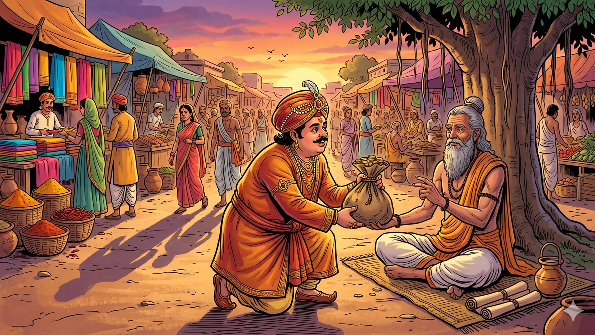 Halvor clinging to a broken plank as his ship breaks apart in a great storm at sea, vibrant Amar Chitra Katha comic style