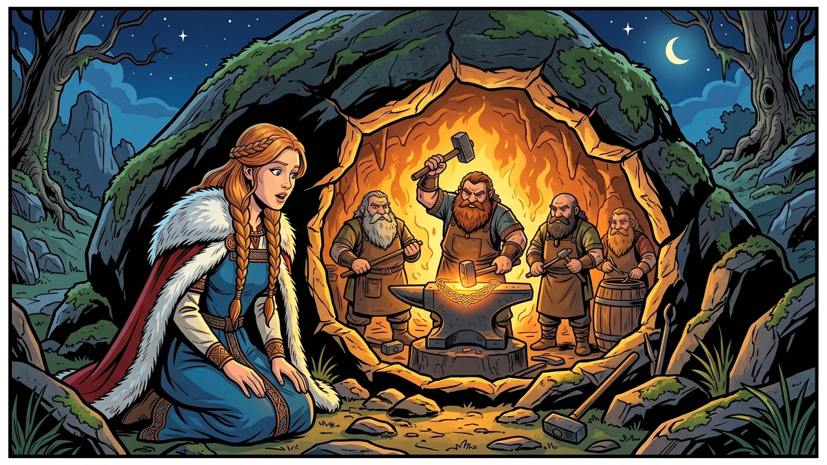 Freyja kneels at a glowing crack in the rock and watches the four dwarf smiths forge the Brisingamen at their underground anvil.