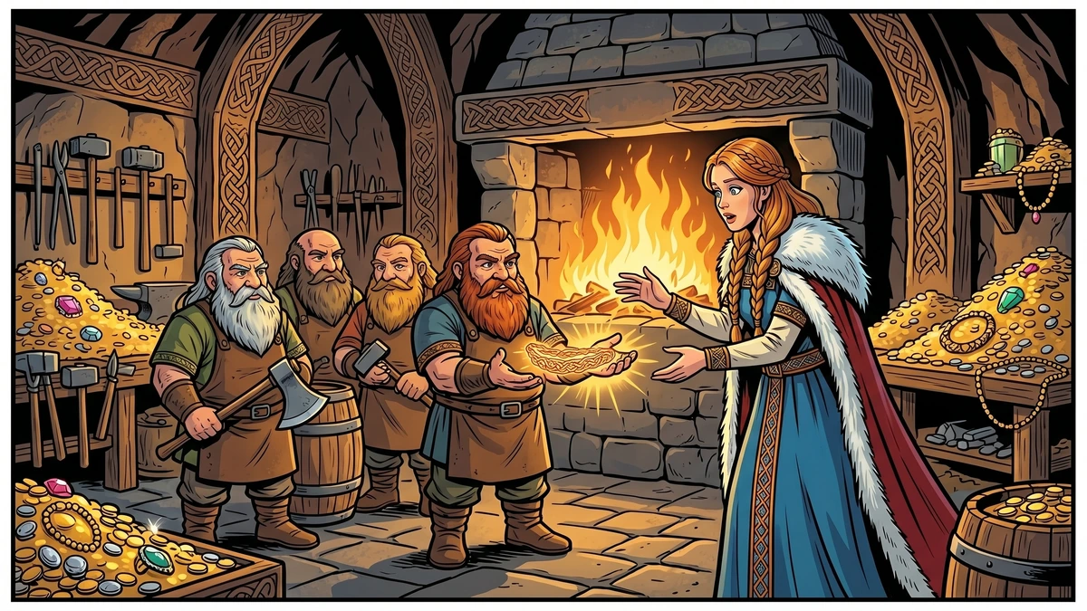 The four dwarfs Dvalinn, Alfrik, Berlingr and Grerr present the finished gold Brisingamen to the goddess Freyja in their treasure-filled forge-hall.