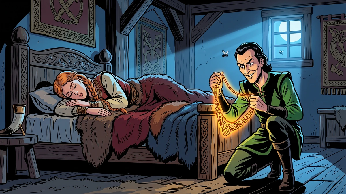 Loki, having shapeshifted his way into Freyja's locked bower, lifts the stolen Brisingamen while the goddess sleeps.