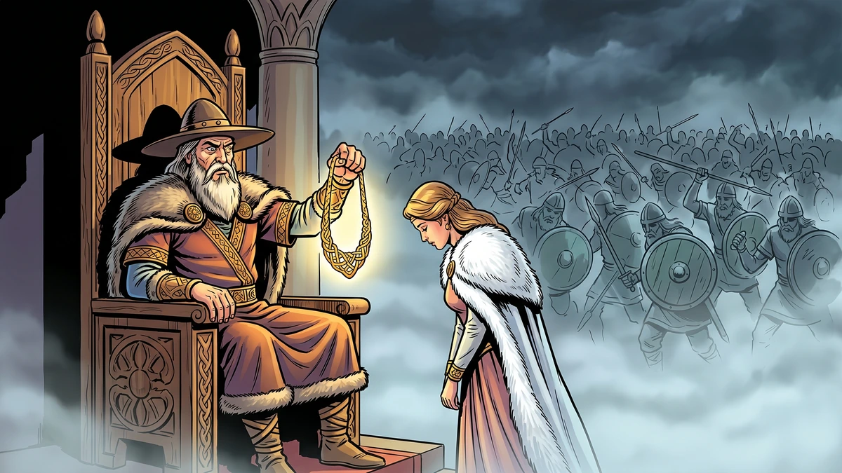 Odin holds the Brisingamen upon his throne as Freyja bows her head and the everlasting Hjadningavig battle rages behind her.
